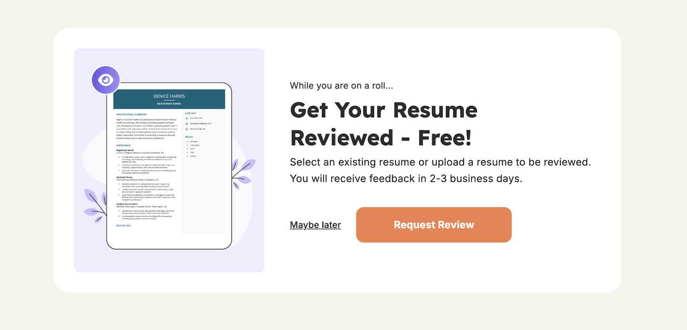 The Resume Genius free resume review offer screen.