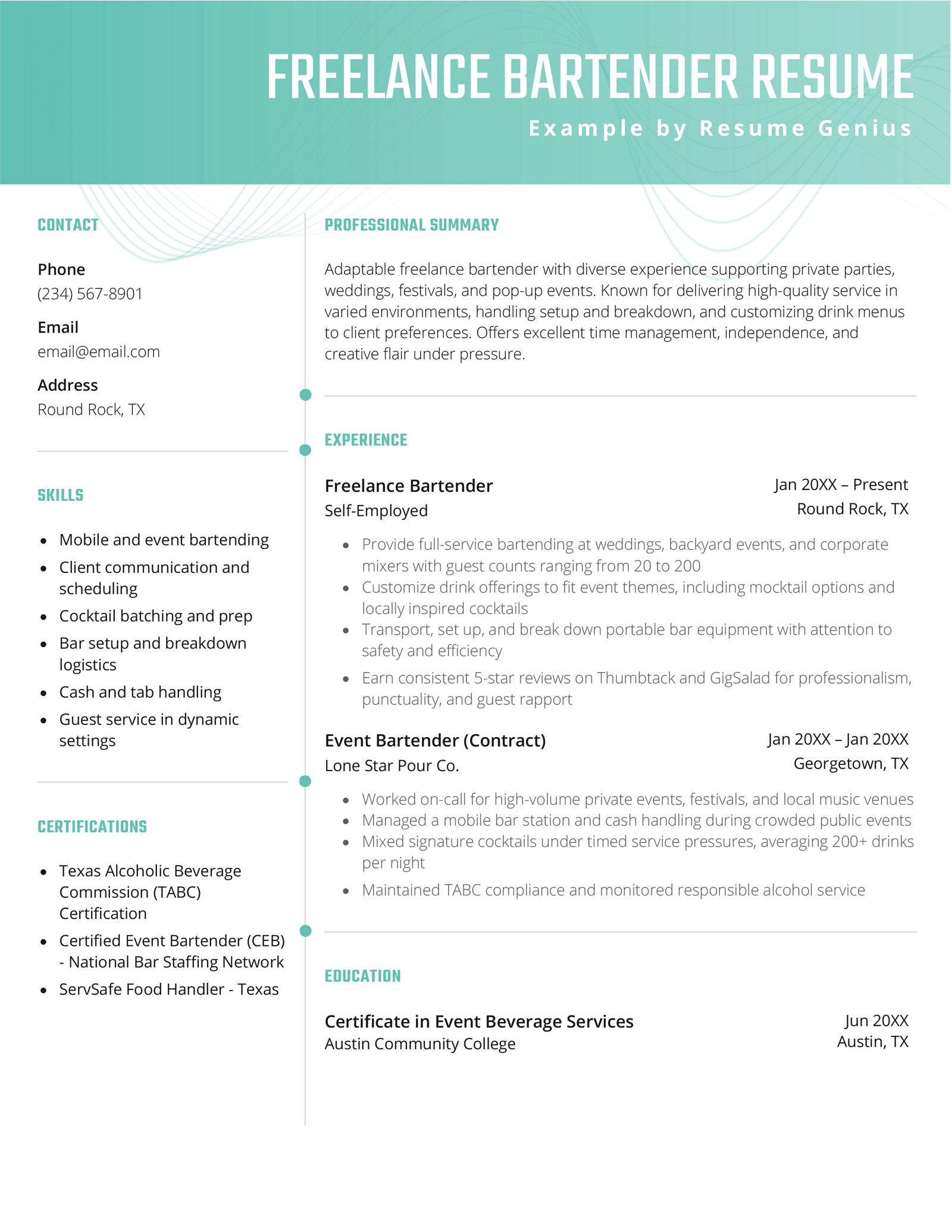 A freelance bartender resume example.