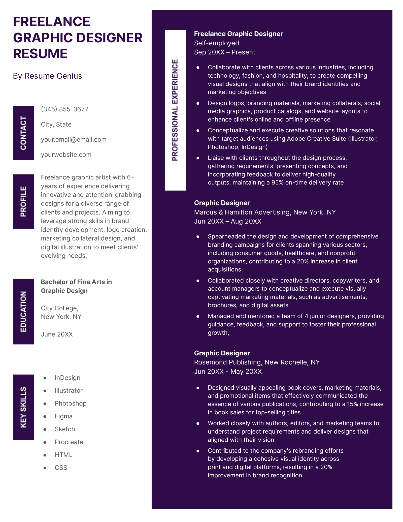 An example of a resume for a freelance graphic designer. 