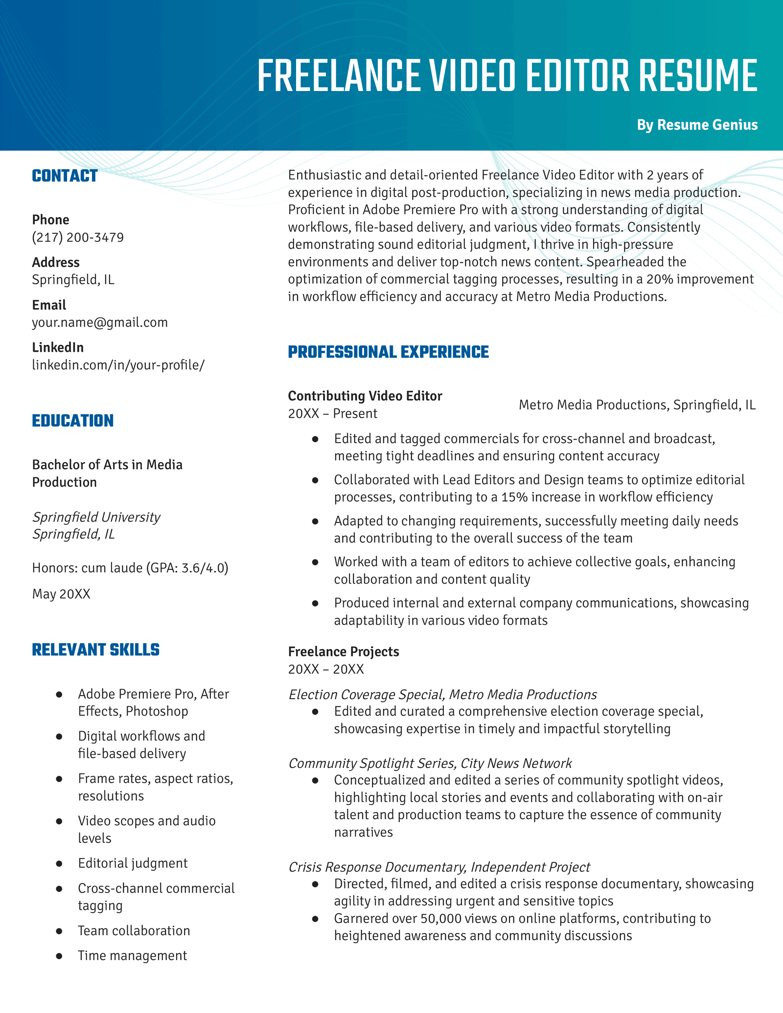 Freelance video editor resume that uses the Aesthetic template in turquoise.