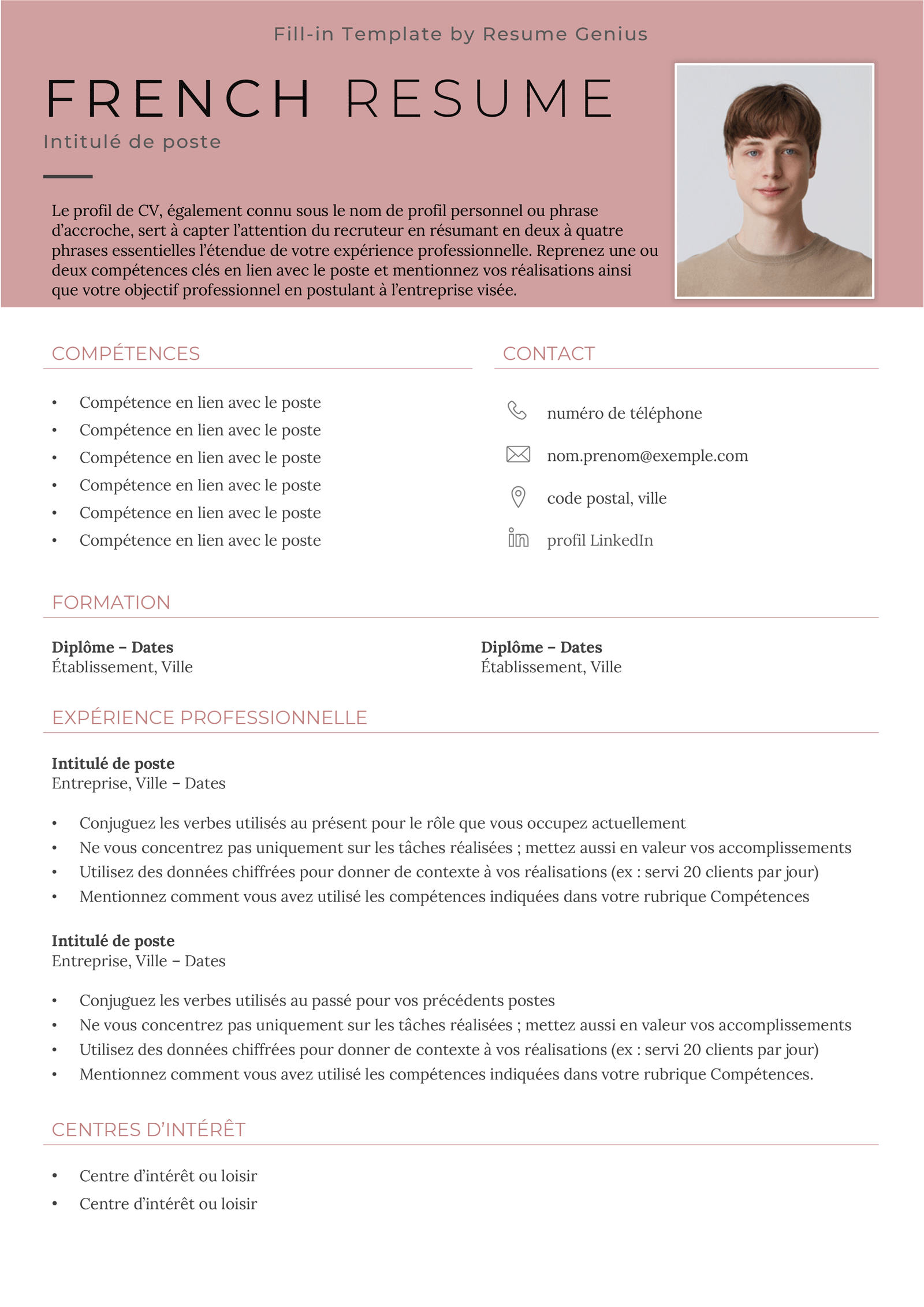 A French resume template (i.e., CV) to fill in.