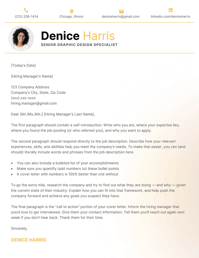 The Fresh picture cover letter template in yellow featuring a subtle gradient in the background