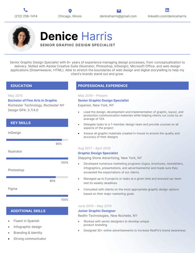 The "Fresh" photo resume template in blue, featuring skill bars and a unique, contemporary style