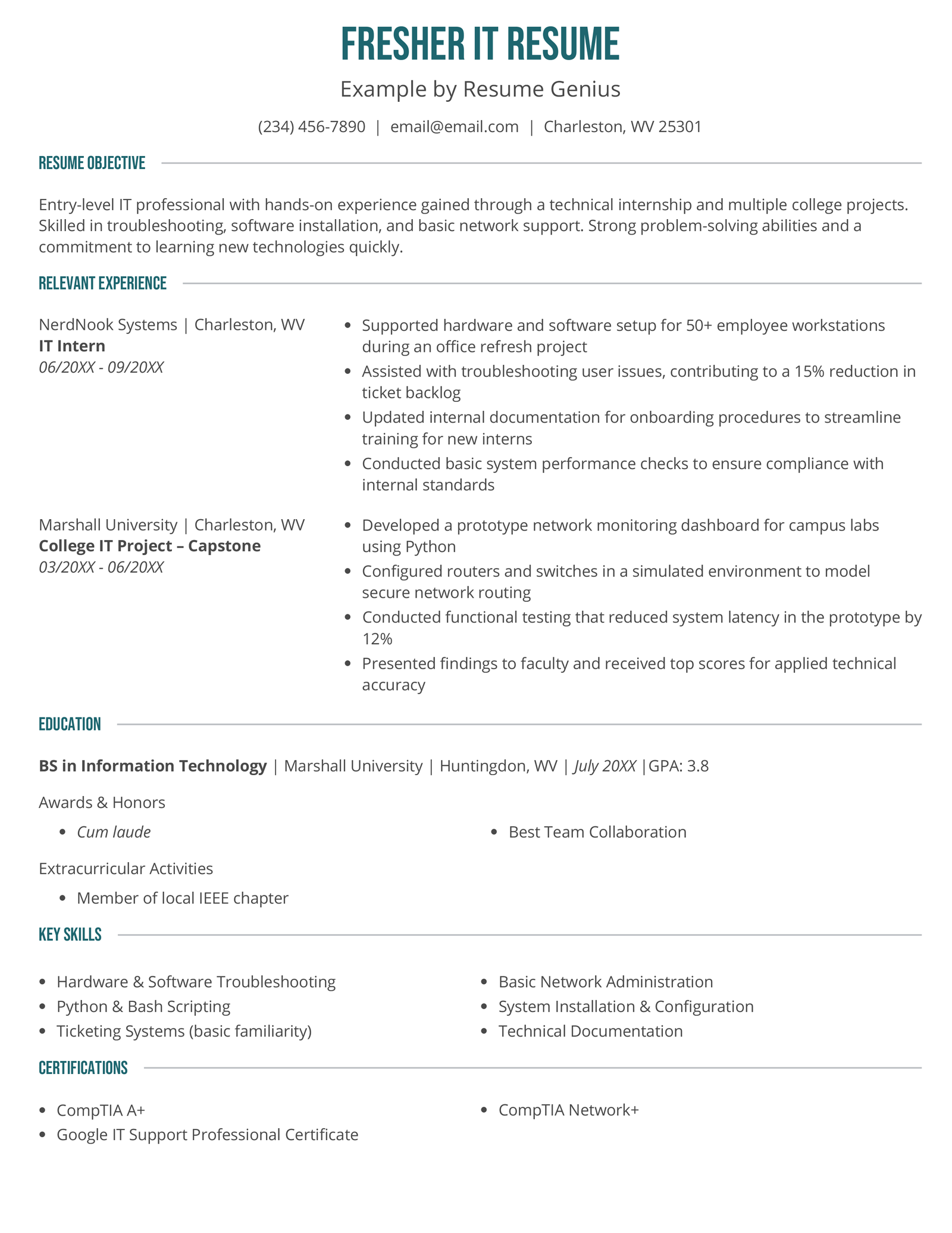 A fresher IT resume example.