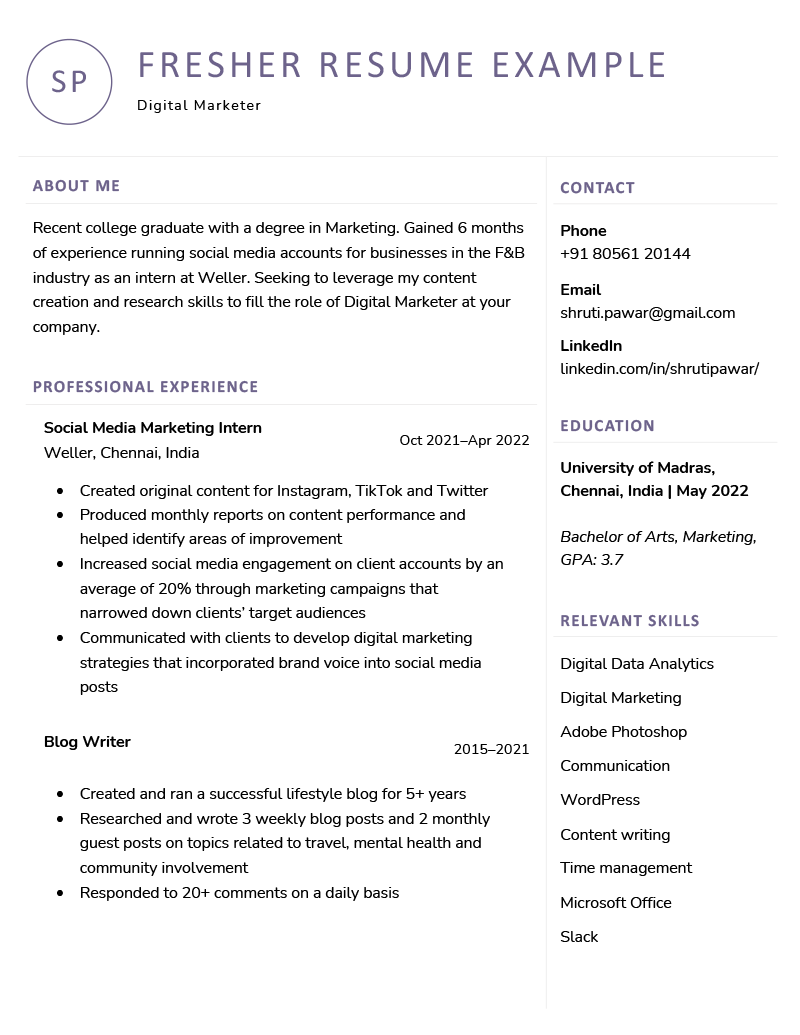 A professionally written resume following a fresher simple resume format