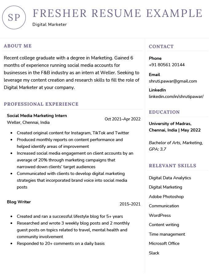 A professionally written resume following a fresher simple resume format