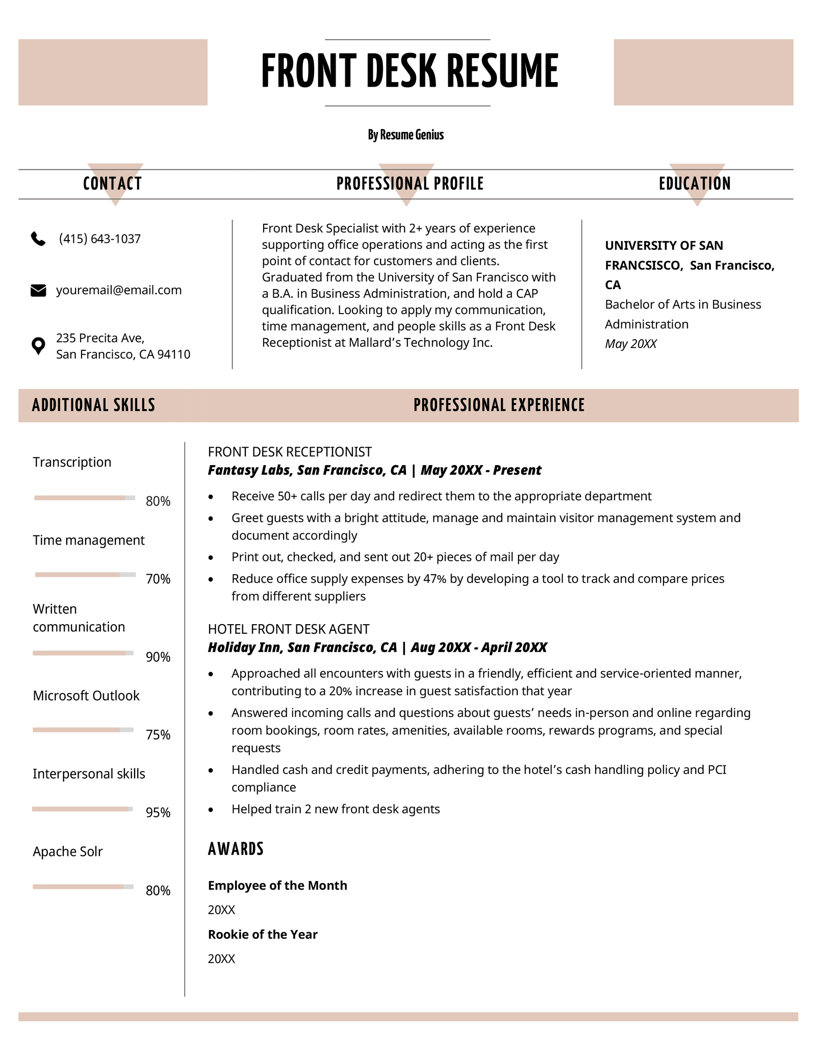 An orange color scheme used on a front desk resume example, that employs a unique three-column design at the top to clarify each section.