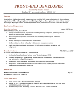 An example of a resume for a front-end developer position.