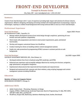 An example of a resume for a front-end developer position.