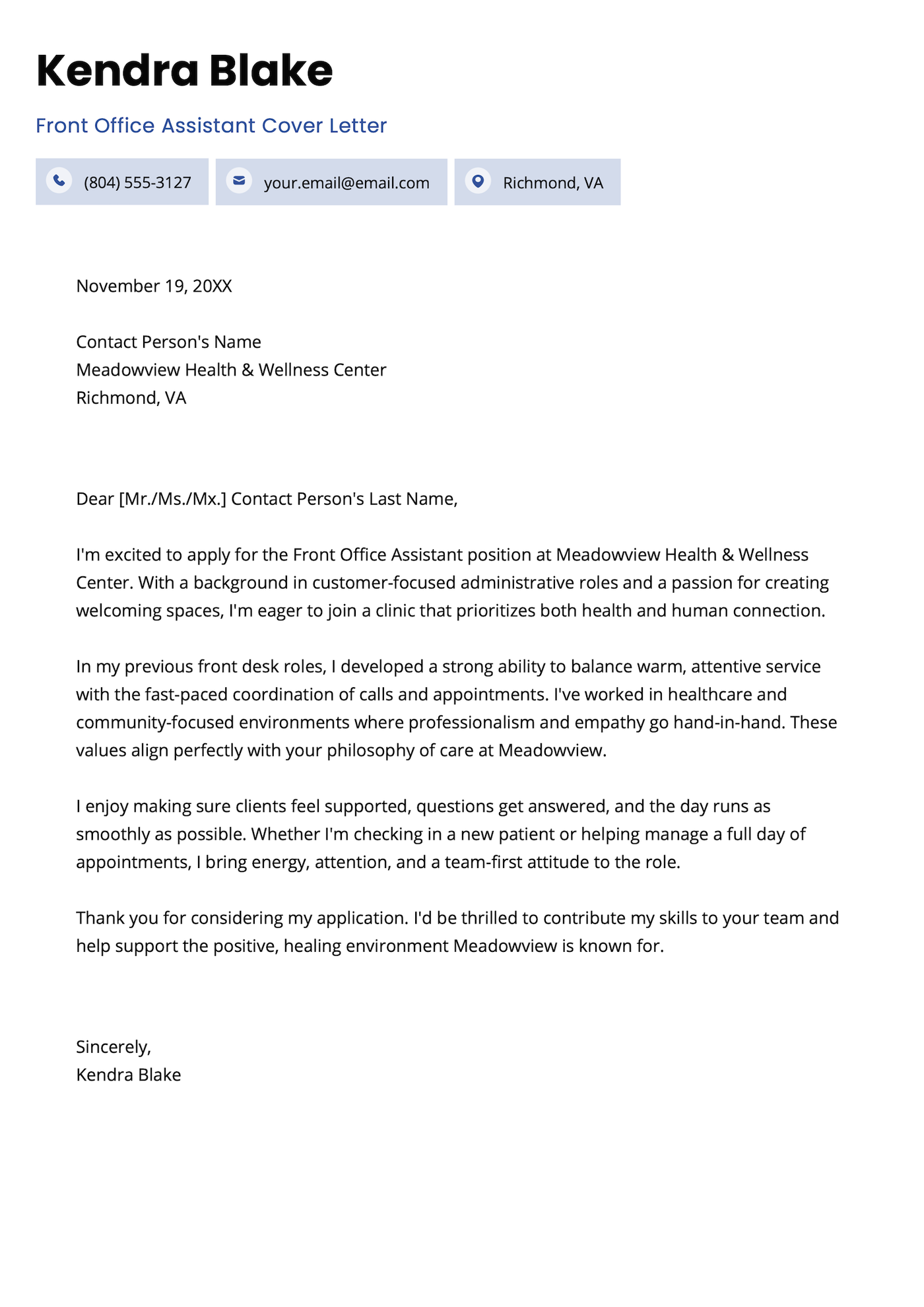 A cover letter example for a front office assistant.