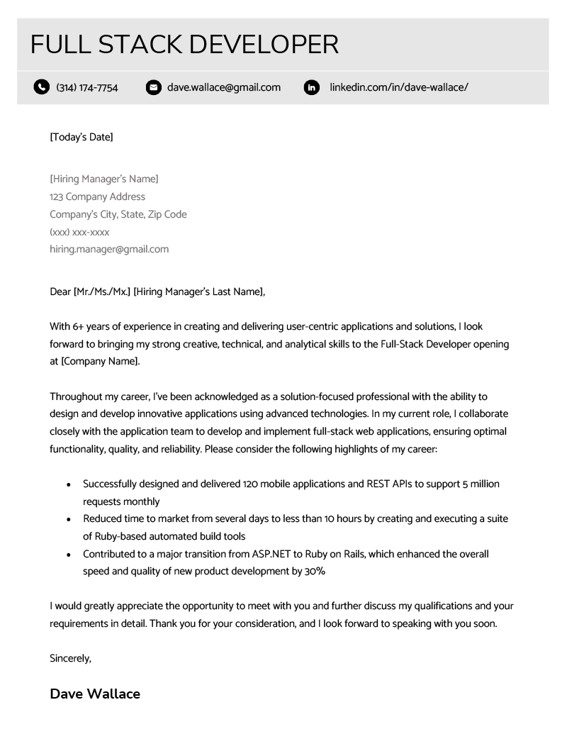 An example cover letter for a full stack developer on a modern template with a light gray header bar and simple black icons