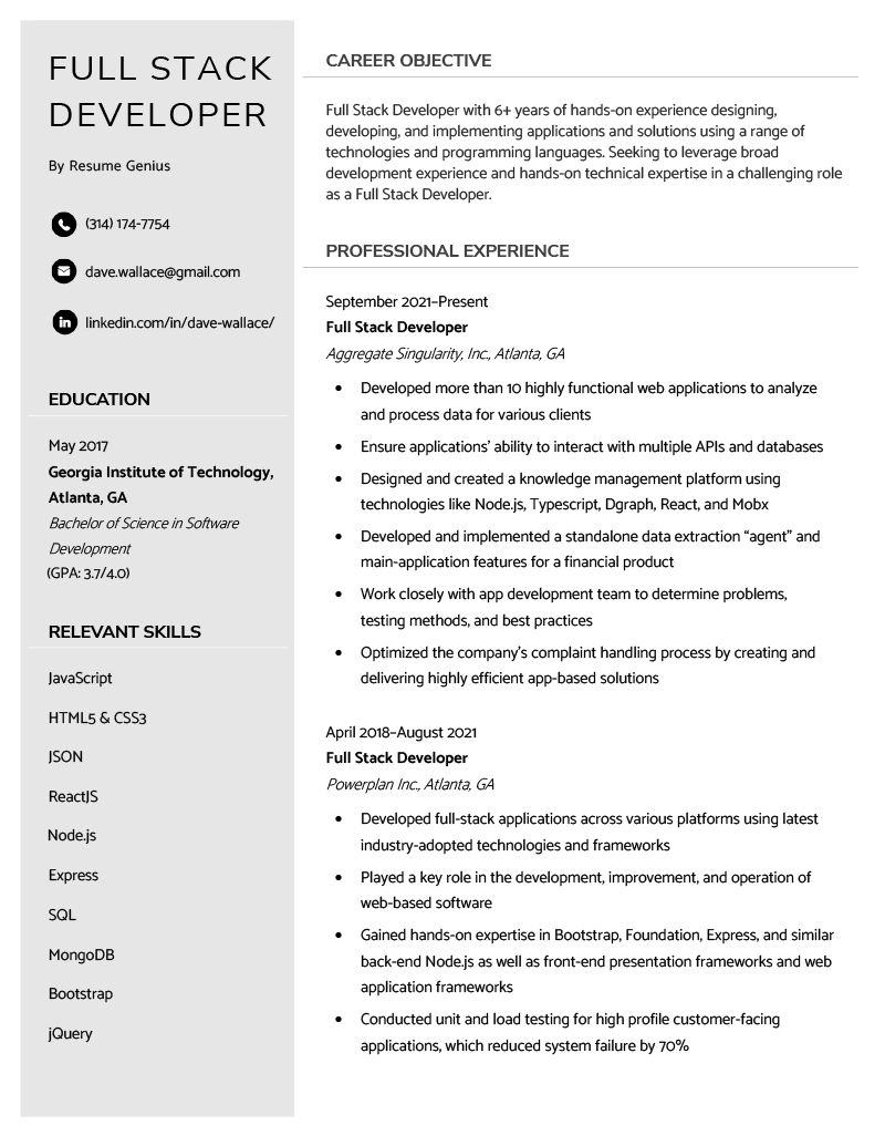 An example of a resume for a full stack developer on a simple two-column template with a light gray sidebar and clean sans-serif fonts