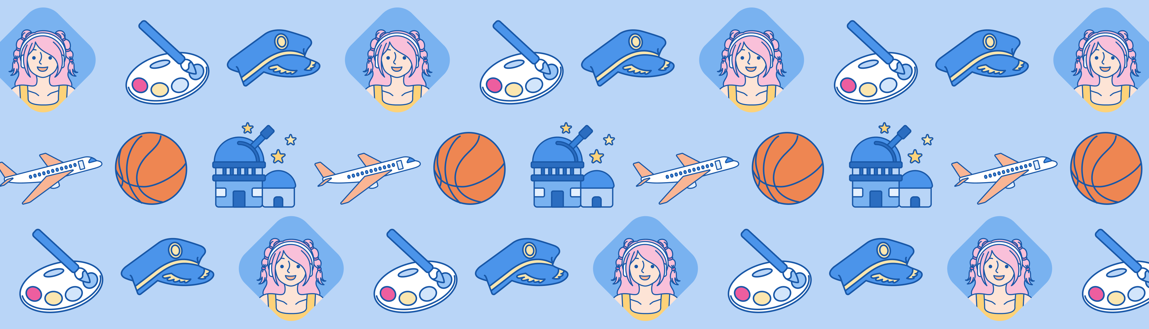 A banner for the fun jobs that pay well page showing a basketball, artist, and airplane