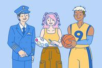 A pilot, artist, and an athlete posing in front of the image for the fun jobs that pay well page