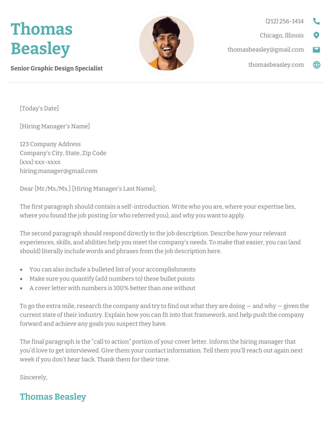The Fun photo cover letter template in teal