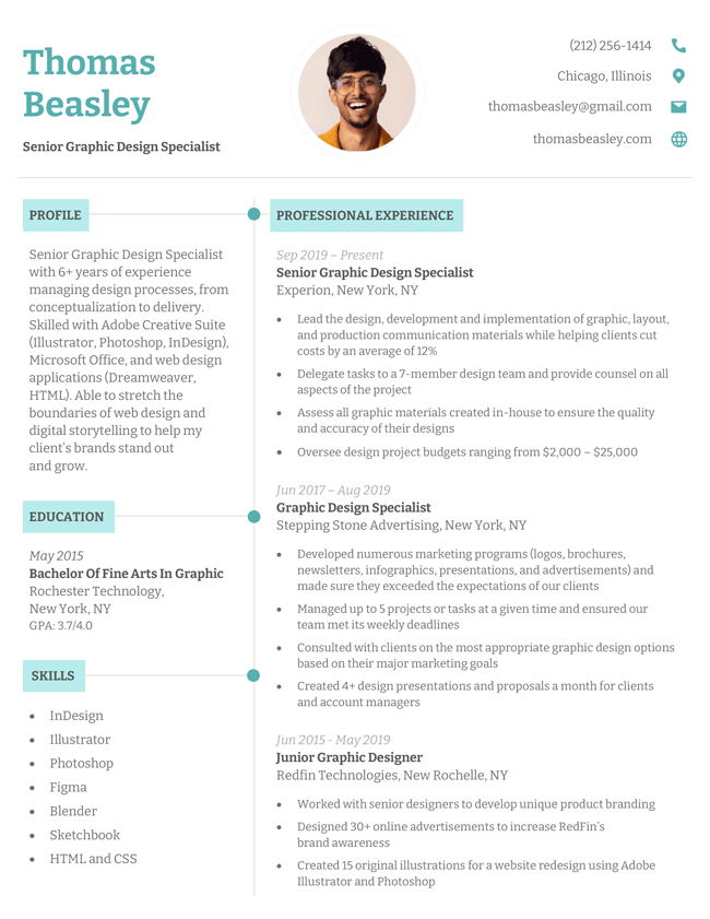 The "Fun" photo resume template in teal, featuring a sidebar and modern style