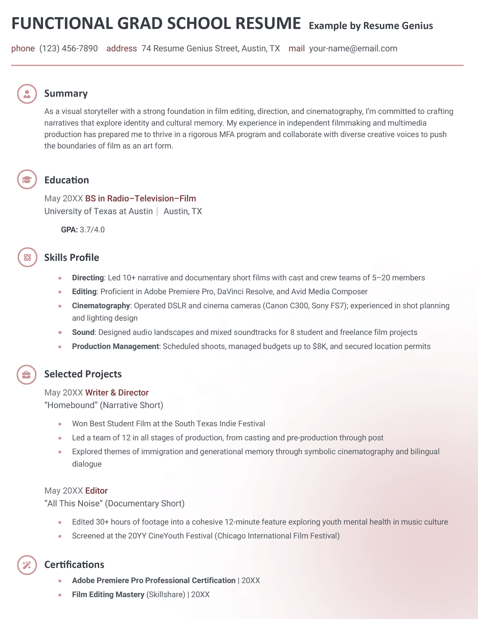 A functional grad school resume example.