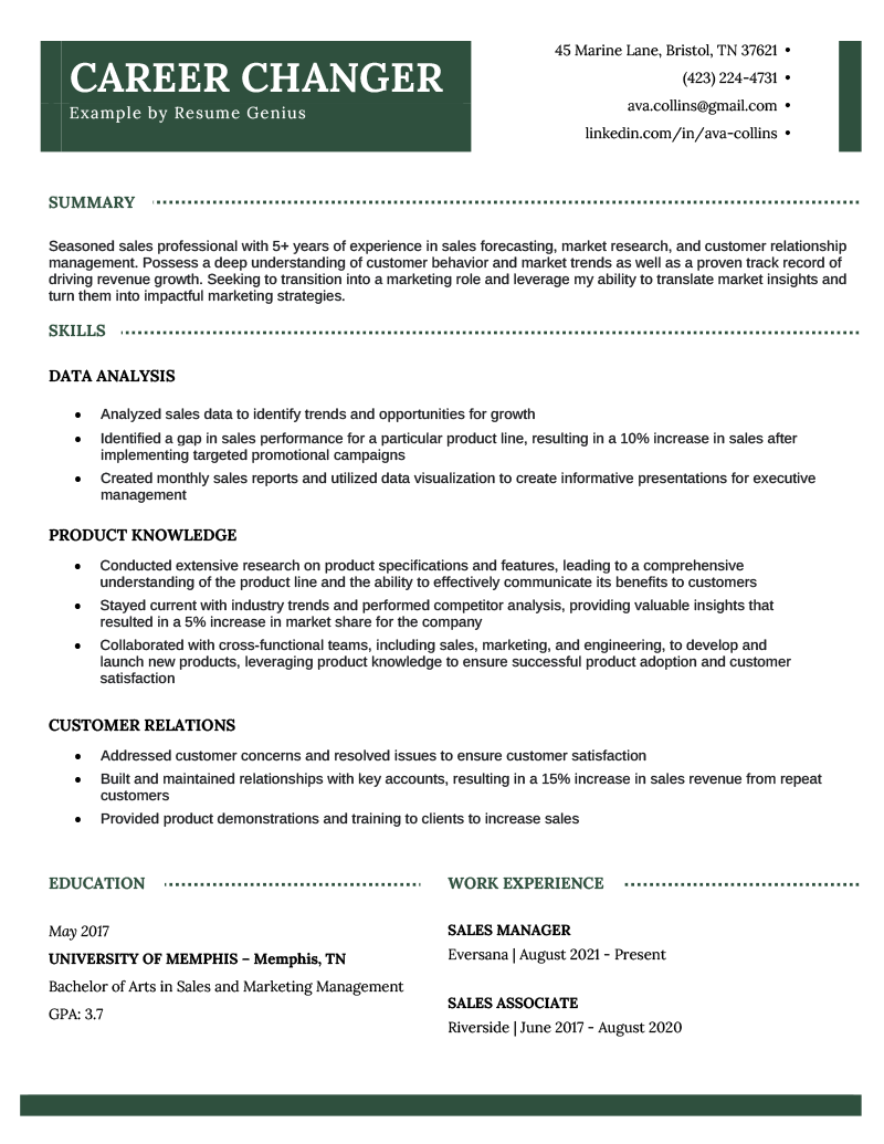 A functional resume example for a career changer switching from sales to marketing