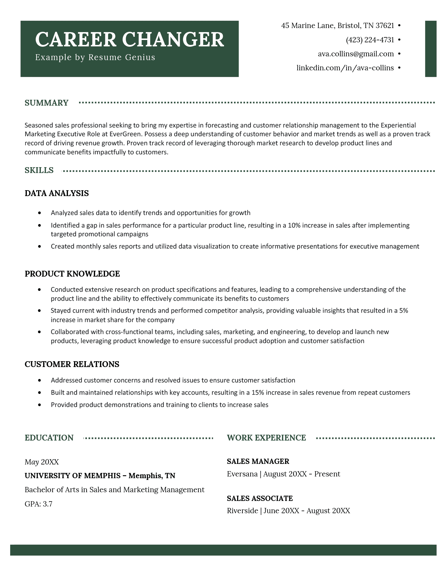 A functional resume example for a career changer switching from sales to marketing