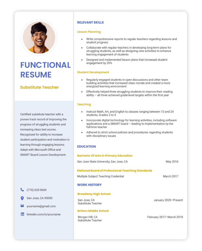 An example entry level functional resume for a substitute teacher position with a blue header, yellow subheaders, and photo of the applicant.