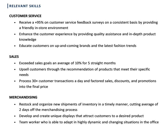 An example of a skills section for a functional resume