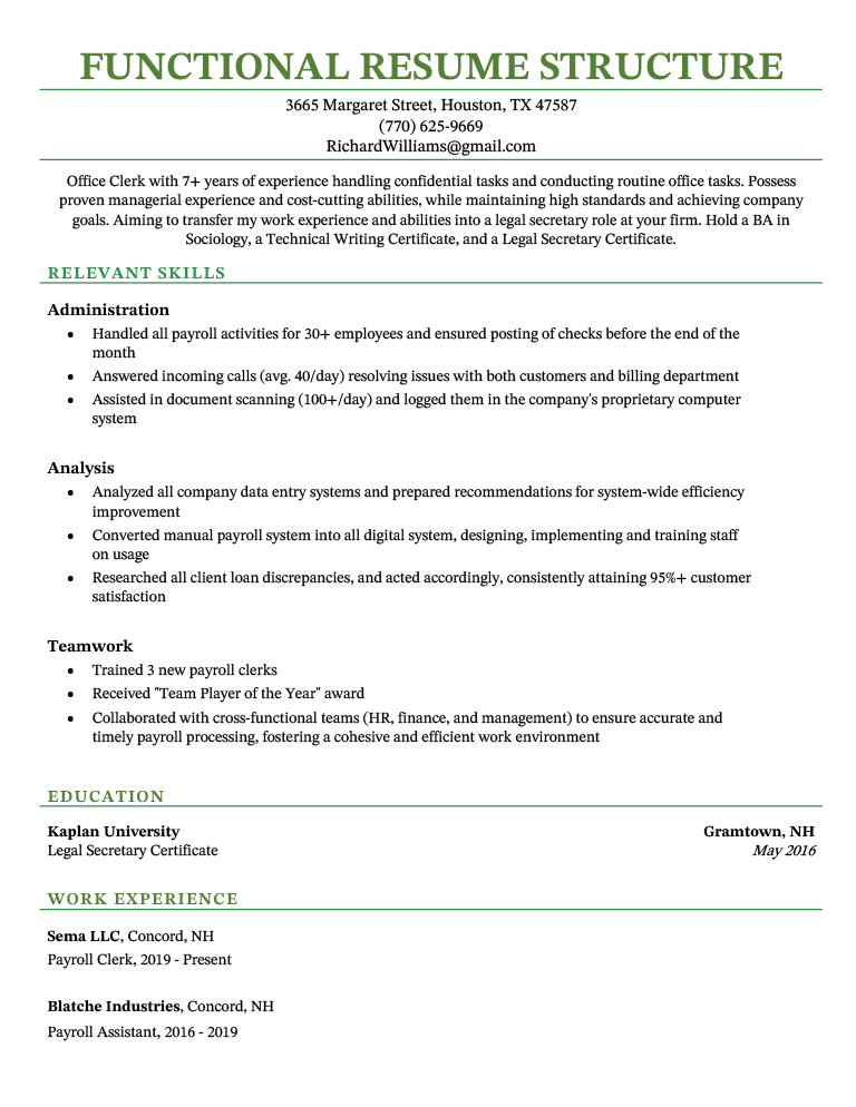 A functional structure resume example on a template with a green header.