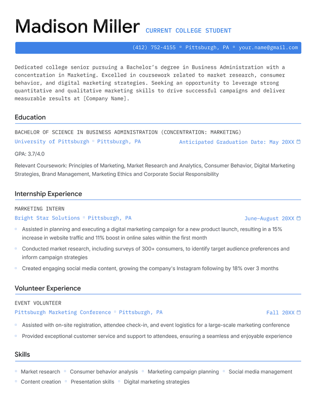 The Fundamental student resume template in blue.