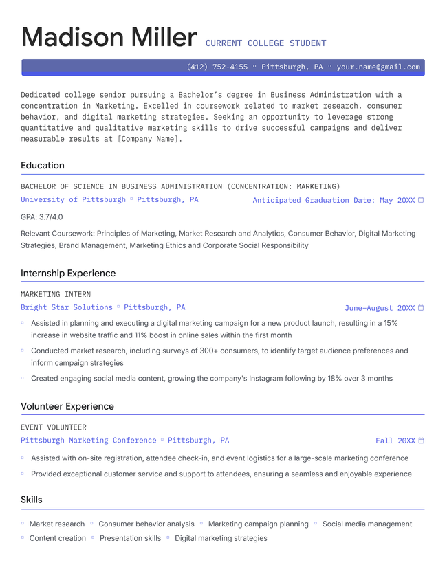 The Fundamental student resume template in violet.