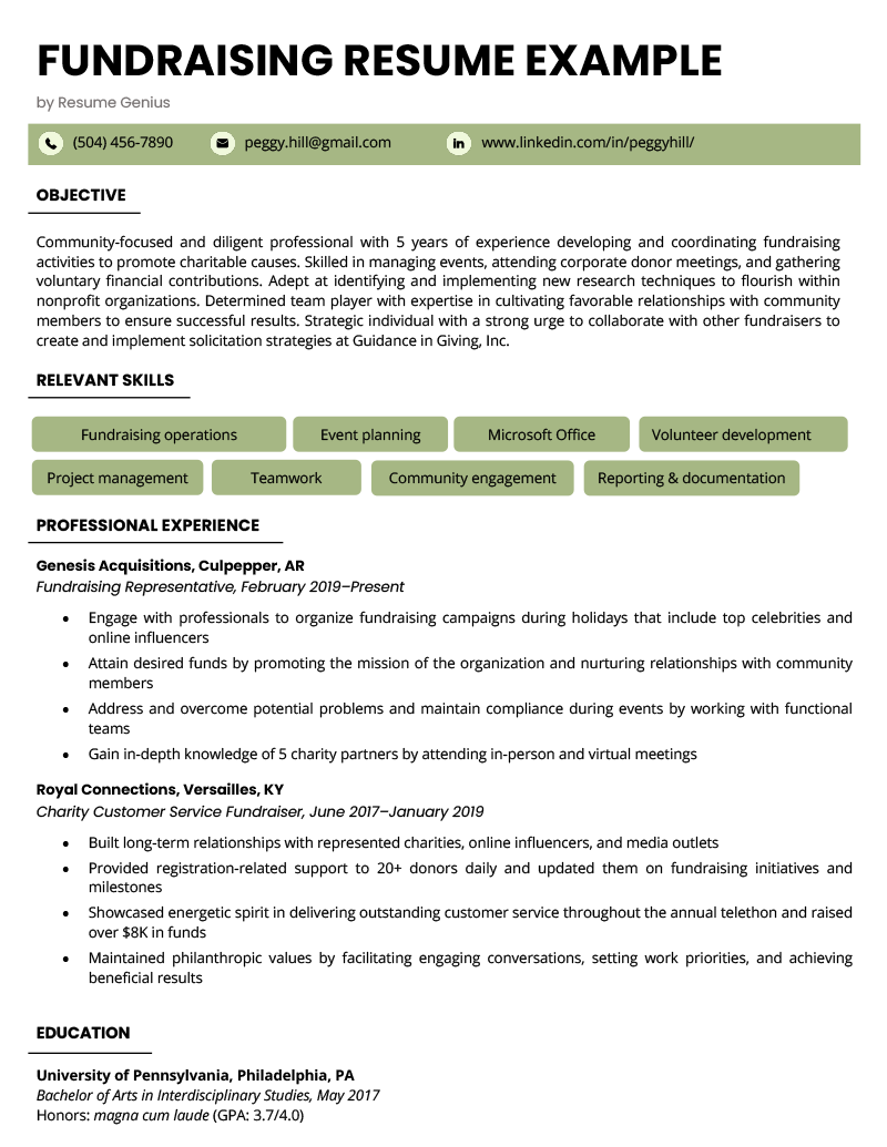 A fundraising resume example with a green header and sections for the applicant's objective, skills, professional experience, and education