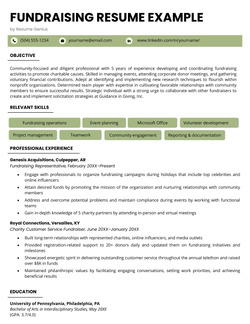 A fundraising resume example with a green header and sections for the applicant's objective, skills, professional experience, and education
