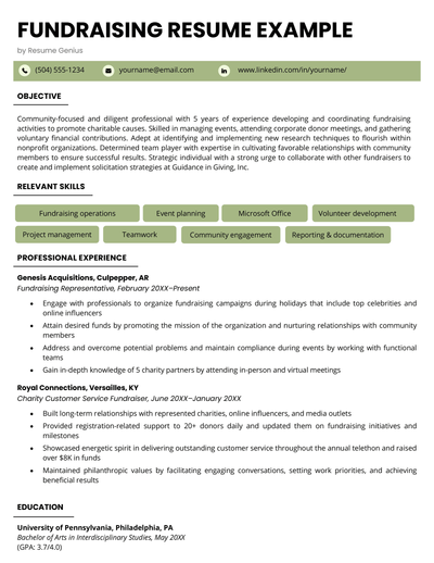 A fundraising resume example with a green header and sections for the applicant's objective, skills, professional experience, and education