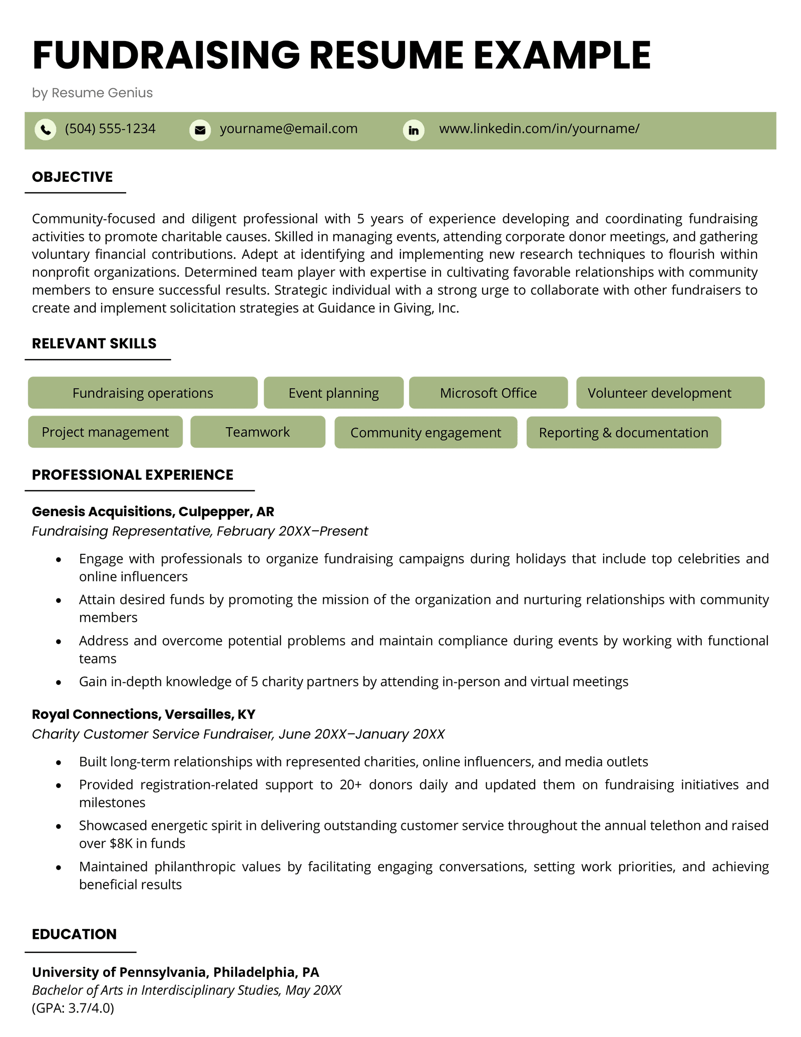 A fundraising resume example with a green header and sections for the applicant's objective, skills, professional experience, and education