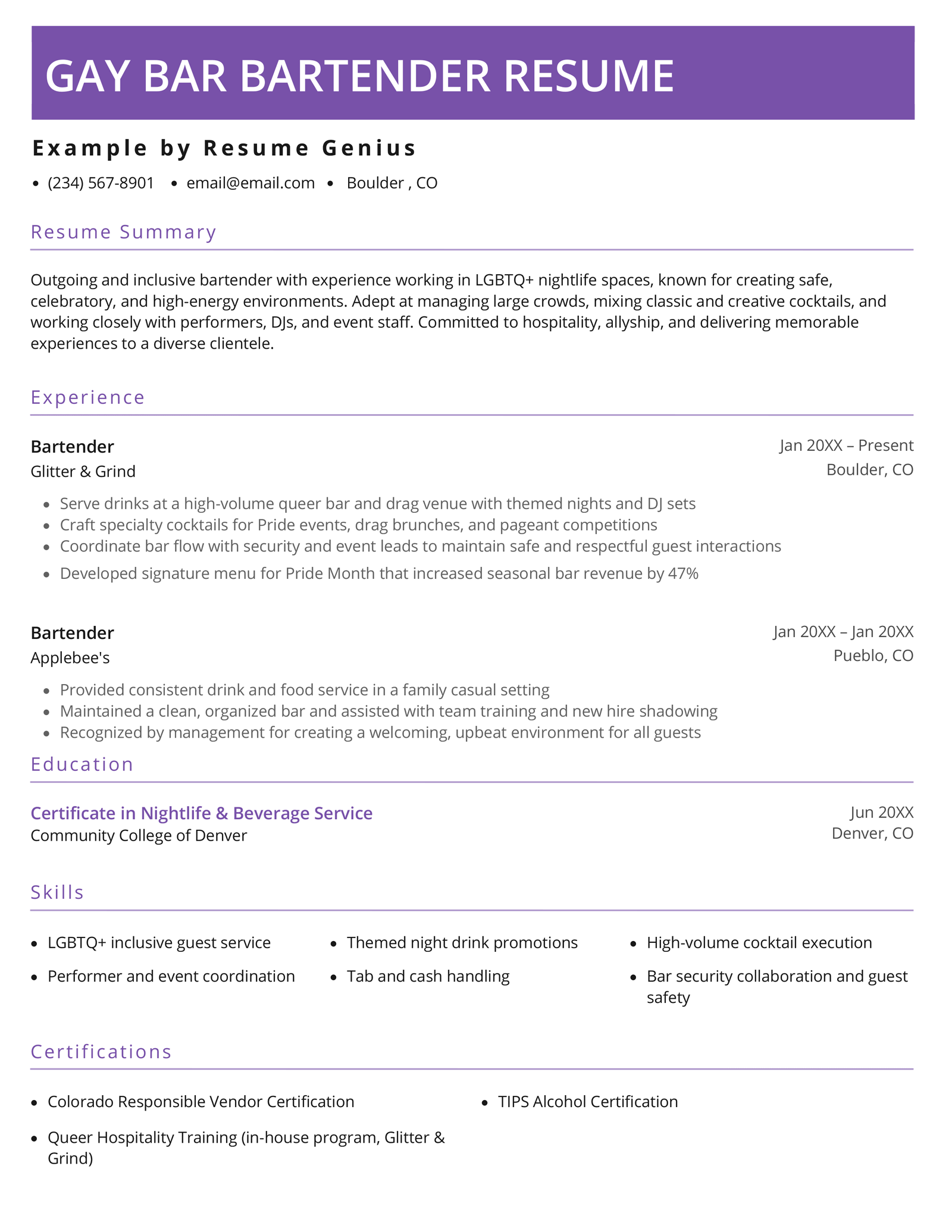 A gay bar bartender resume example.