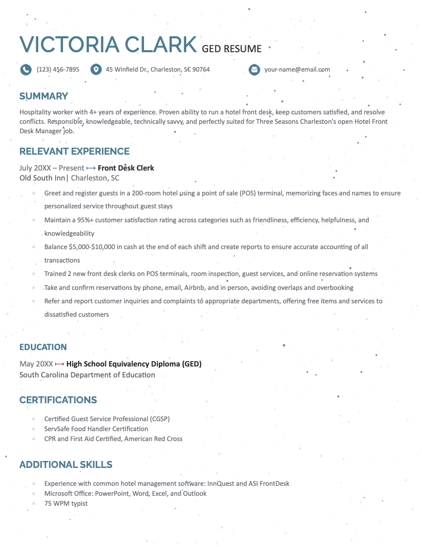 A resume template with a green header written by a job seeker in the hospitality industry, featuring a GED in the education section.