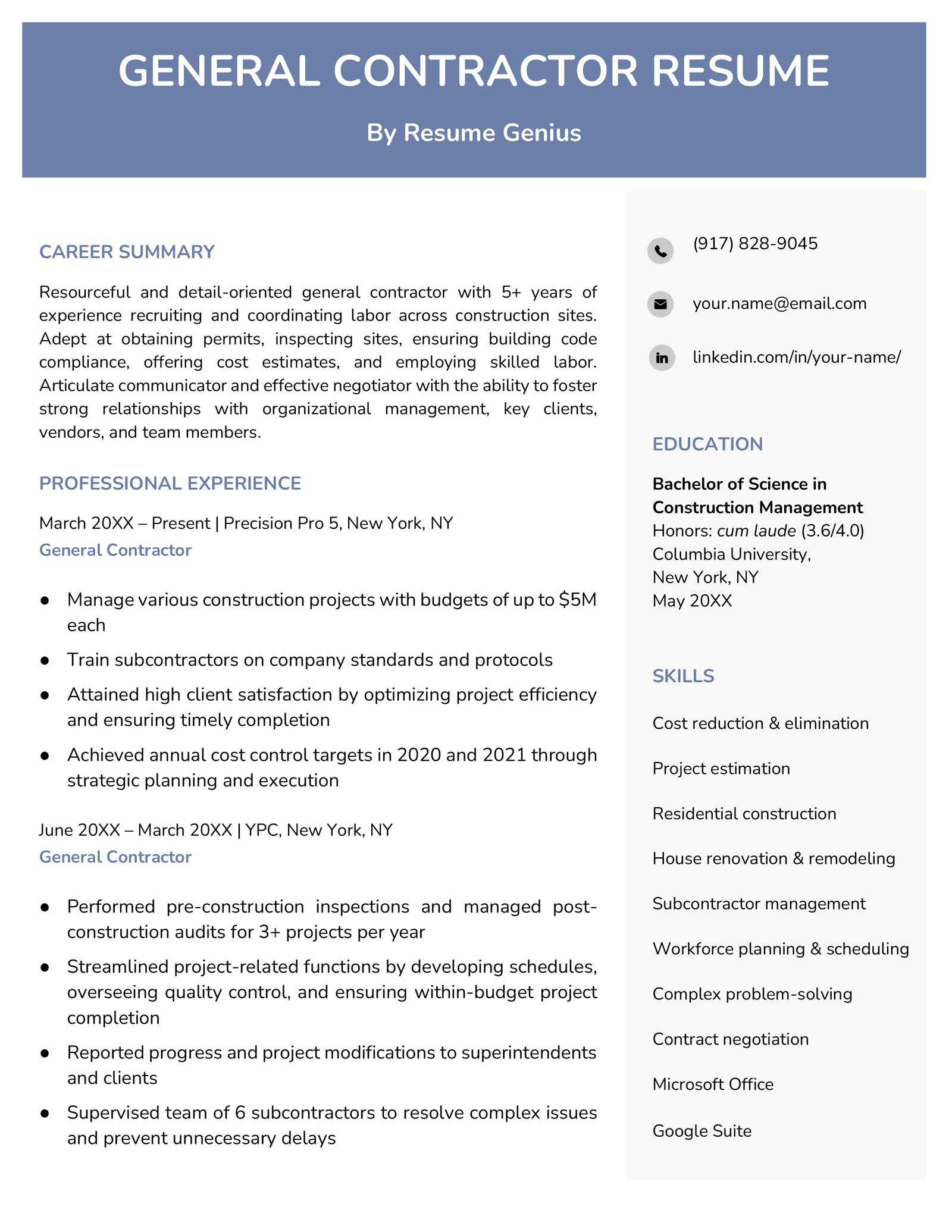 General Contractor Resume Example & 27 Skills to List