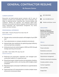A blue general contractor resume with the applicant's resume summary and work experience on the left and their contact information, education, and skills on the right