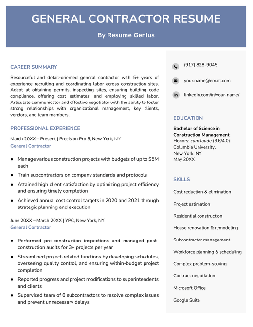A blue general contractor resume with the applicant's resume summary and work experience on the left and their contact information, education, and skills on the right