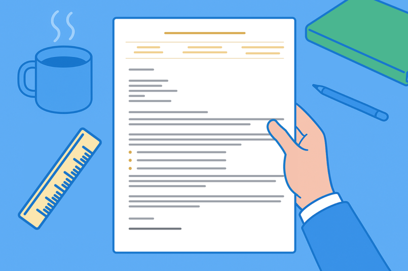 Illustration of hand holding a general cover letter, with a cup of coffee, a pencil, and a ruler on the table.