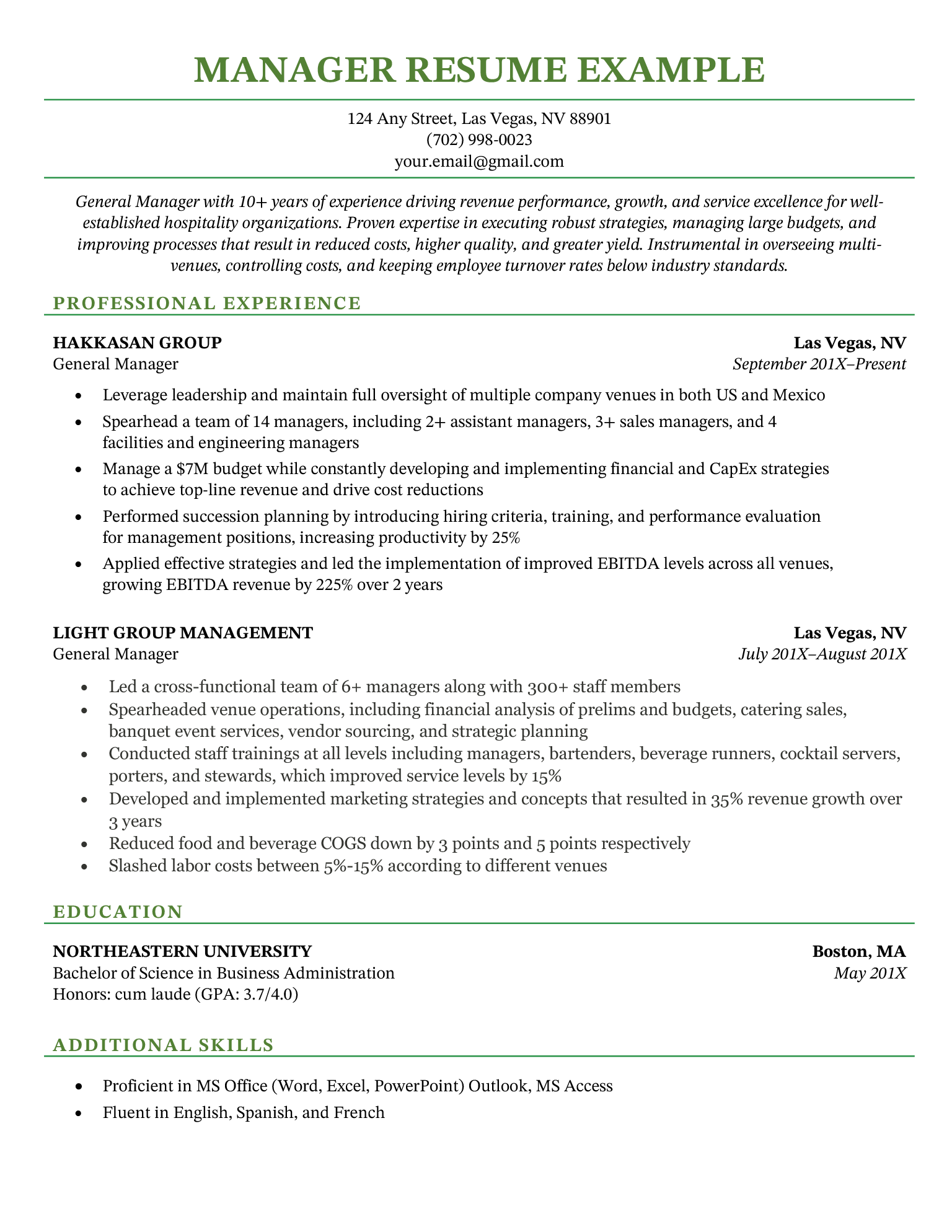 General manager resume sample, featuring a simple, formal design