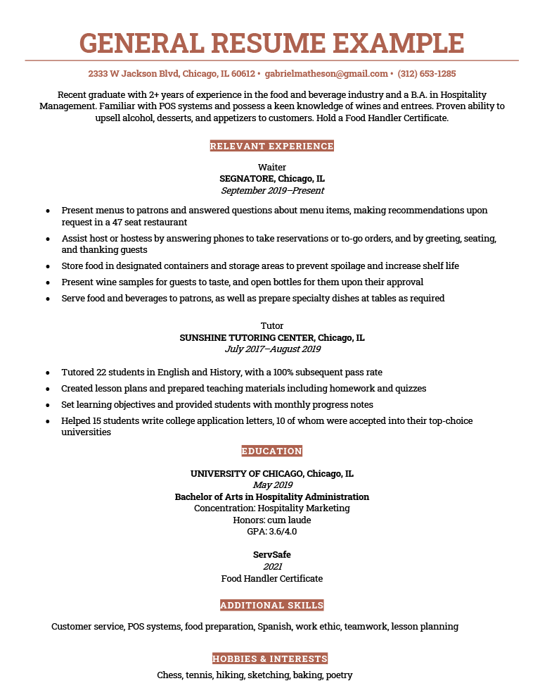 an example of a well-written general resume using a coral resume template
