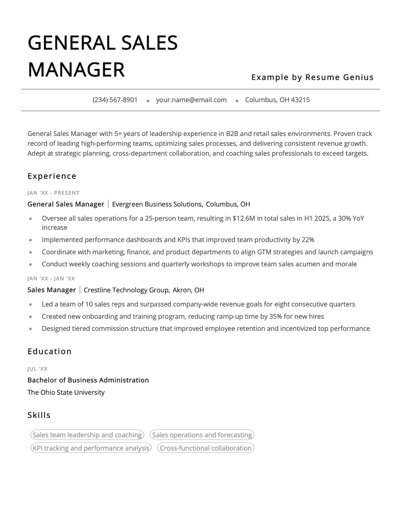A general sales manager resume example.