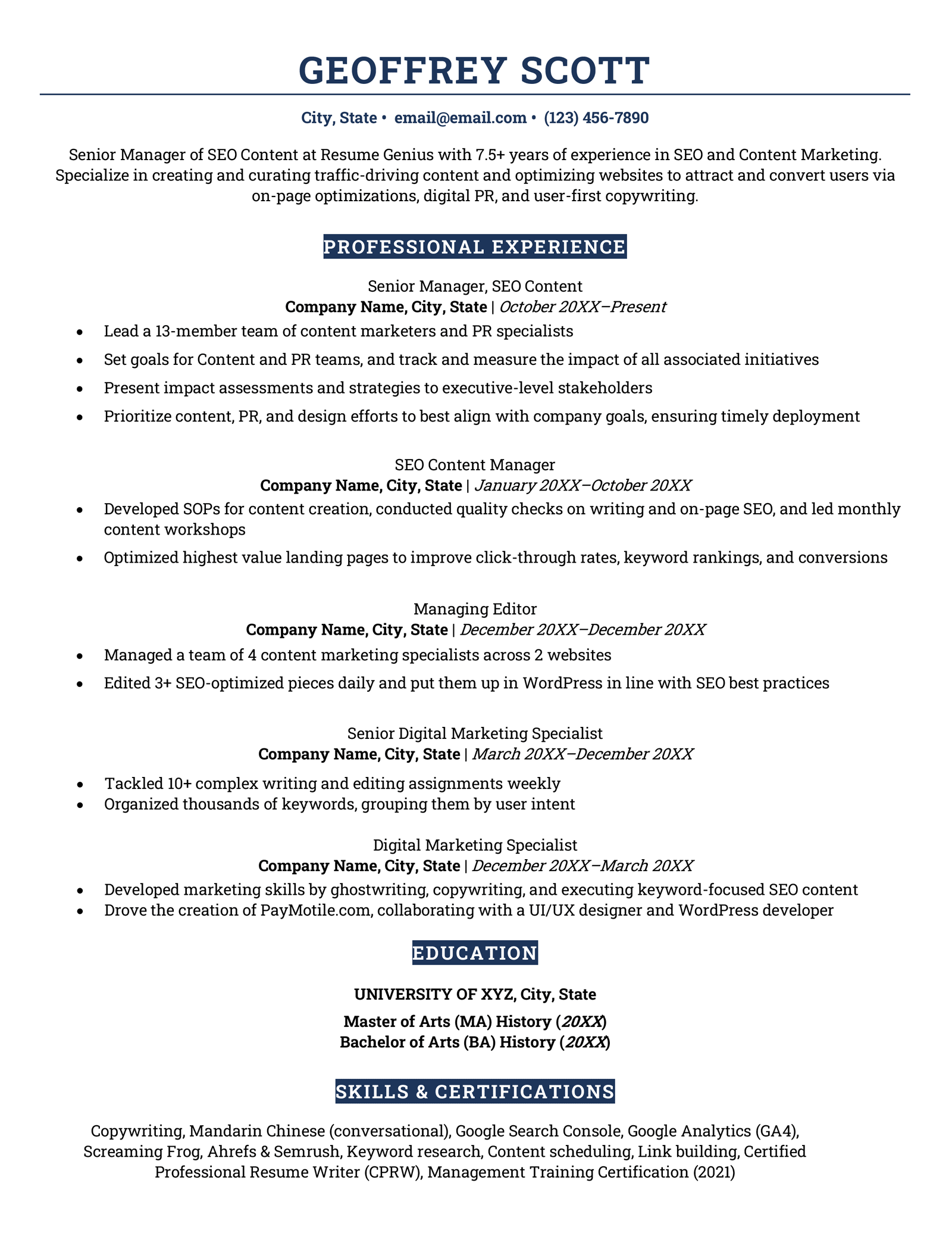 A marketing manager resume example written by Geoff Scott.