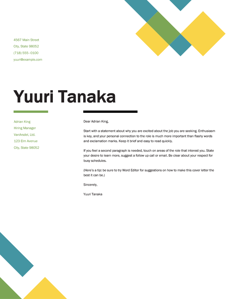 A preview of the geometric cover letter template from Microsoft Word