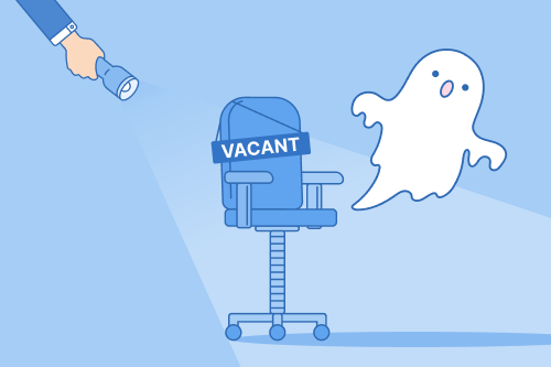 A cartoon image of a ghost floating away from an office chair with a sign reading 'vacant' on it to show the vacancy is a ghost job.