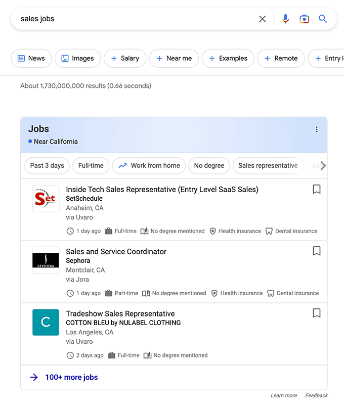 A screenshot of a Google Jobs search