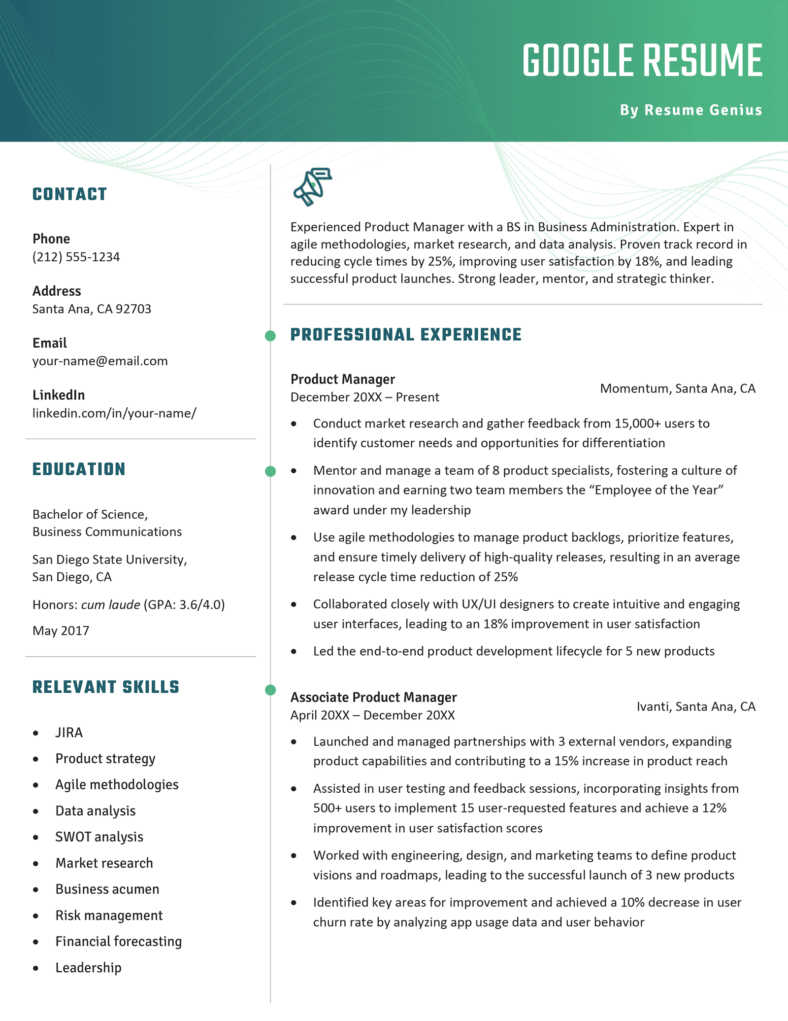 A Google resume example on a template with a wider header with a turquoise gradient.