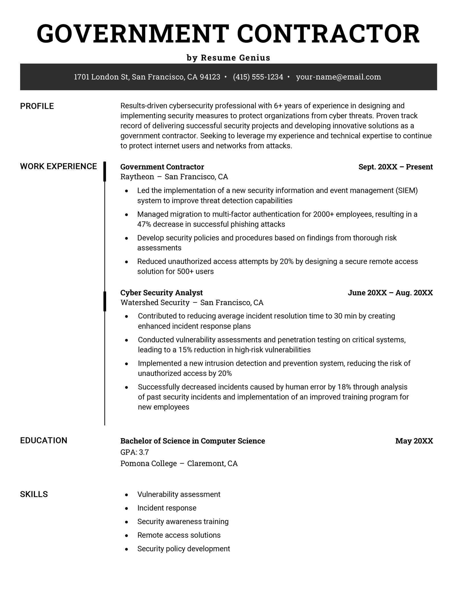 A government contractor resume example using a professional black and white template.