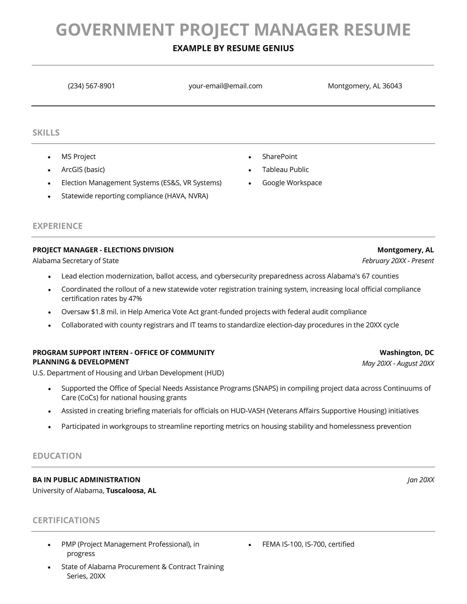 A government project manager resume example.
