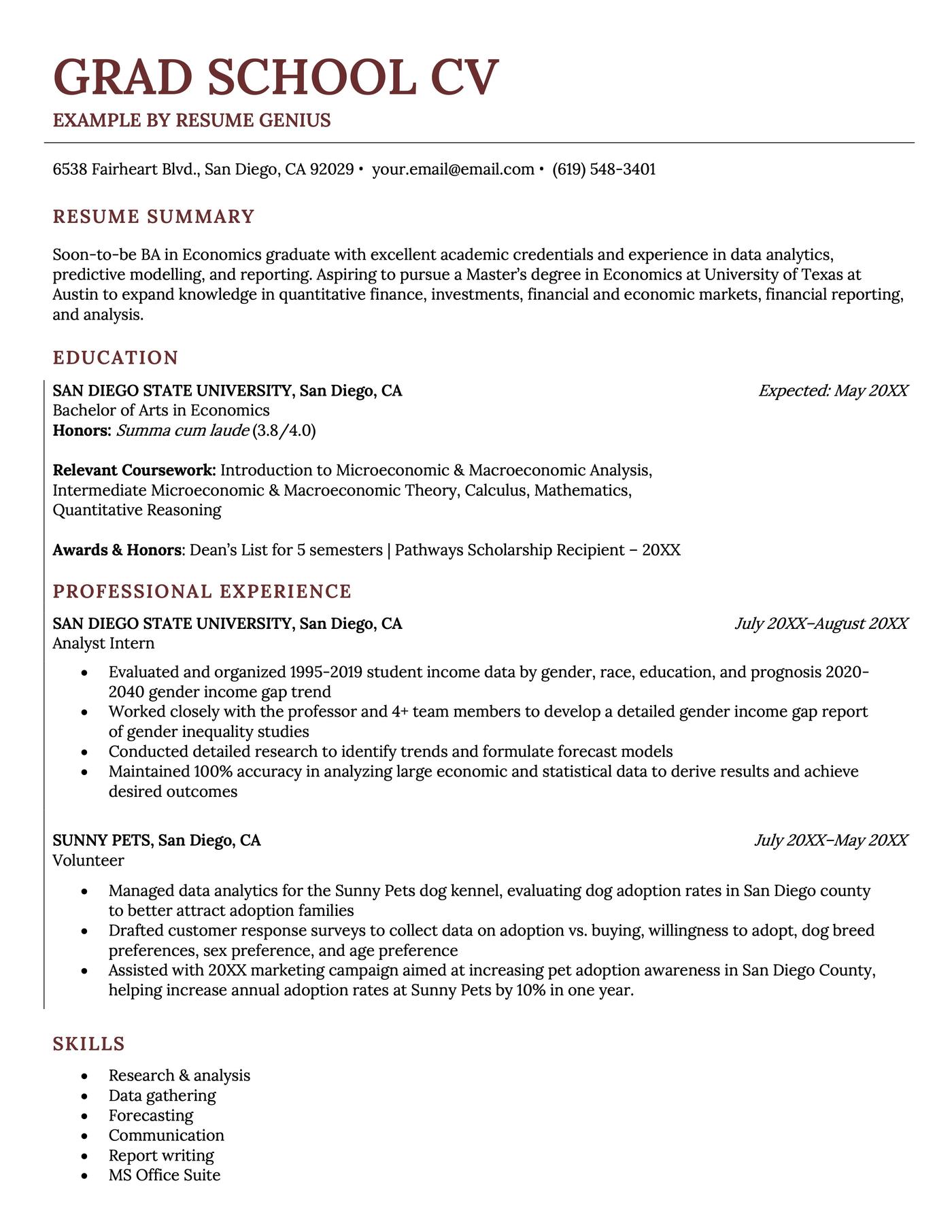 An example CV for a grad school student. 