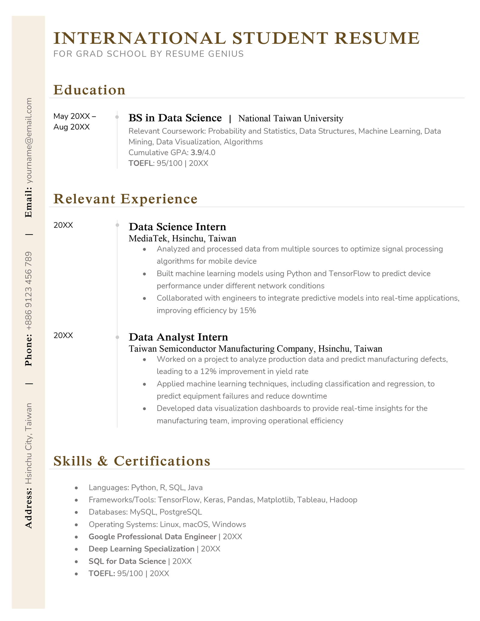 A grad school resume example for international students.